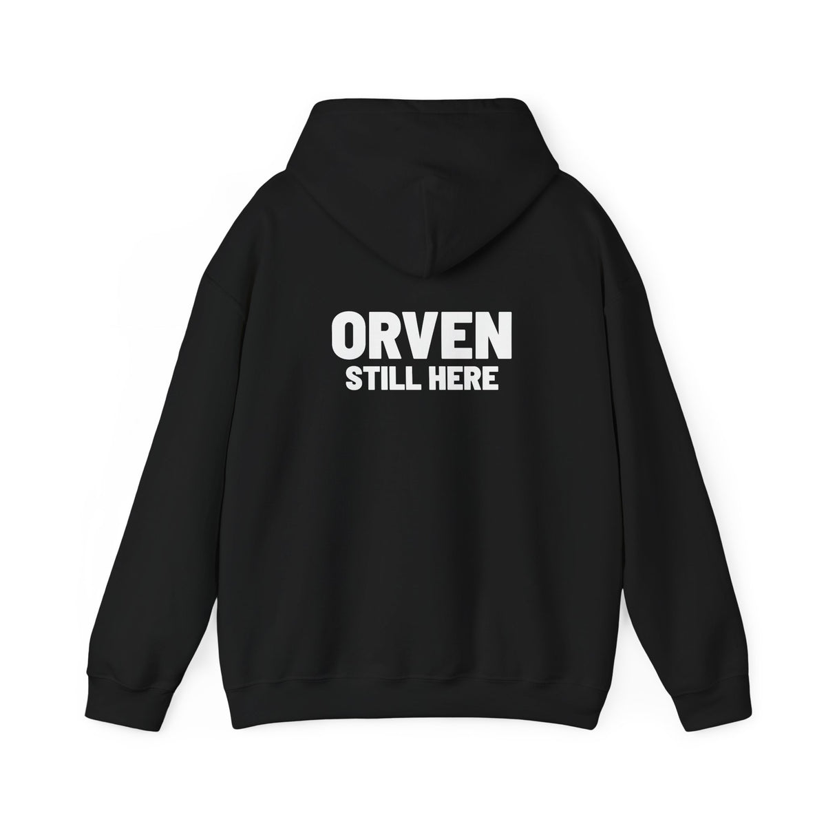 Orven Still Here Hoodie — Cozy Black Pullover with Bold White Text, view 2