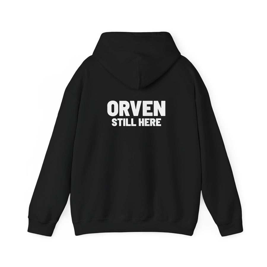 Orven Still Here Hoodie — Cozy Black Pullover with Bold White Text, view 2