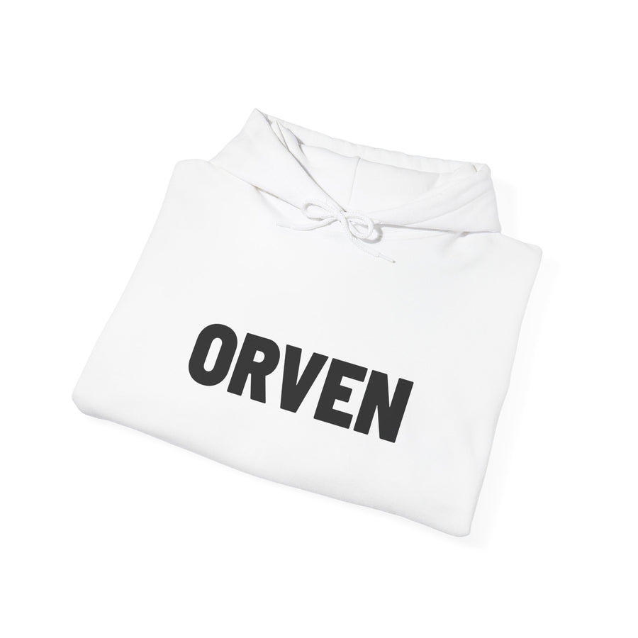 Orven Minimal Logo Hoodie — White Box-Logo Pullover, view 4