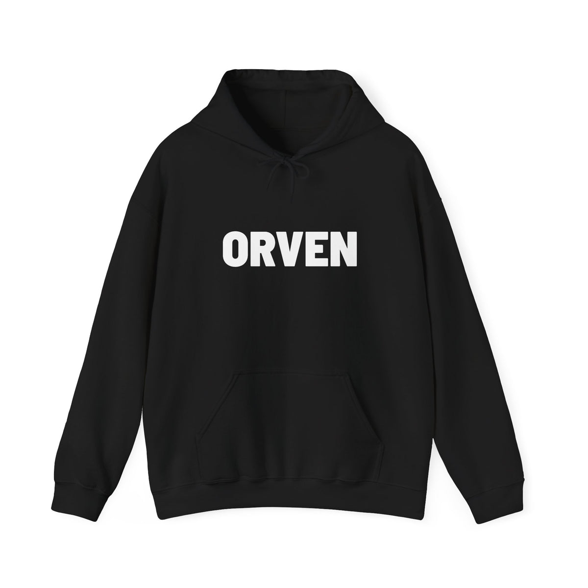 Black ORVEN Still Here hoodie with bold white wordmark on the chest