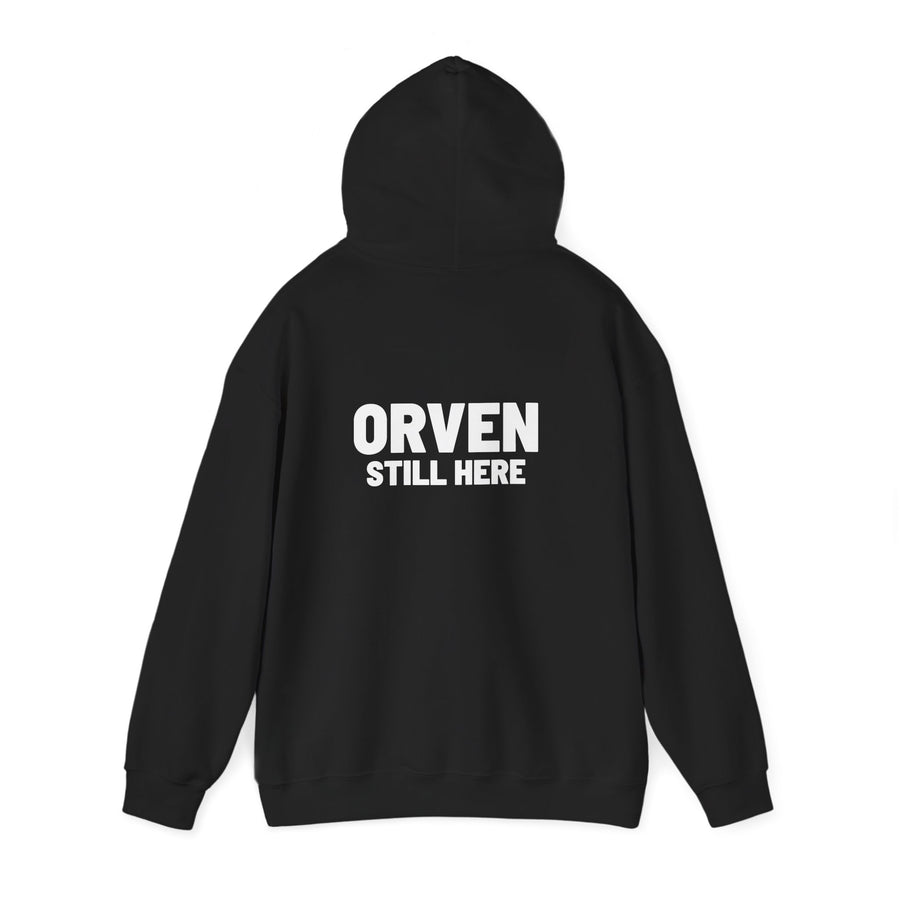 Orven Still Here Hoodie — Cozy Black Pullover with Bold White Text, view 3